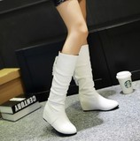 2016新款韩版单靴子女鞋春秋冬季中筒靴内增高中靴中跟欧美白色