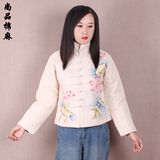 冬季民族风棉衣唐装中式复古改良棉麻手绘荷花短款棉服外套棉袄女