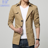 蓝舵春季男士风衣外套修身型 韩版中长款时尚青年翻领水洗风衣