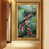 油画纯手绘工玄关九鱼图风水竖版欧式现代中式客厅鲤鱼装饰壁挂画