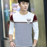 春季韩版青年男士长袖T恤圆领条纹纯棉薄款打底衫男装学生体恤潮