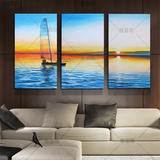 现代简约风格三联海景油画纯手绘客厅玄关风景装饰画欧式地中海