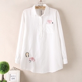 2016新款春装外贸原单韩版刺绣白衬衫纯棉长袖中长款衬衣套头女