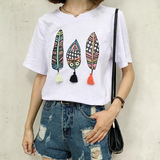 韩版2016夏季女装新款民族风流苏短袖棉T恤小V领宽松套头上衣体恤