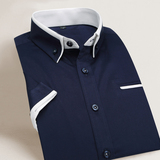 夏季男装新款男士休闲时尚纯色纯棉海蓝男式之家短袖衬衣上班衬衫