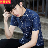 夏季男短袖衬衫青少年韩版时尚寸衫休闲印花上衣男装修身款衬衣潮