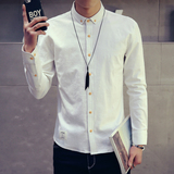 2016春季韩版男士修身亚麻衬衫休闲长袖大码学生潮流棉麻衬衣男