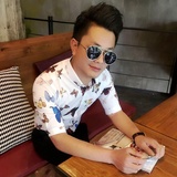 夏季新款男士中袖衬衫韩版蝴蝶花半袖衬衫夜店男发型师五分袖衬衫