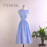FXMHK复古连衣裙水蓝色无袖圆领修身显瘦高腰部镂空小性感Vintage