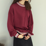 2015秋冬新韩版女装大热简约领口条纹拼接超宽松百搭纯色长袖卫衣