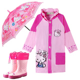 韩国儿童雨衣女童雨衣雨鞋kt猫带书包位时尚加厚雨披雨靴雨裤套装