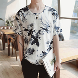 夏季中国风水墨画印花男士亚麻T恤短袖中青年大码棉麻打底体恤潮
