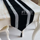 欧式奢华高档桌旗 现代简约黑色韩国高级天鹅绒双钻条新古典床旗