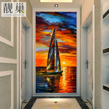 欧式3D立体玄关背景墙壁纸餐厅走廊过道墙面墙纸壁画夕阳油画帆船