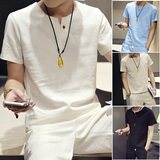 中国风 夏季青年日系复古棉麻纯色男装 修身男士休闲大码短袖T恤