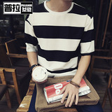 2016夏季宽松男士条纹半袖中袖T恤男装黑白条圆领学院五分袖体恤