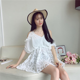 夏季新款韩版女装气质宽松吊带皱褶V领拼接立体羽毛连衣裙+Q210