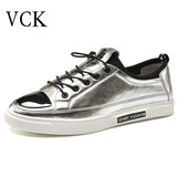 V&C&K银色休闲鞋男鞋夏季皮鞋真皮休闲皮鞋板鞋低帮系带驾车