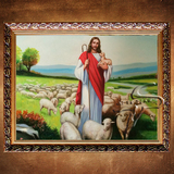 天主基督教耶稣牧羊圣像手绘喷绘仿真油画欧式客厅装饰画定制包邮