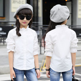 2016秋季新款女童纯棉荷叶领白色衬衫中大童韩版纯色修身长袖衬衫