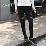 Amii[极简主义] 2016秋新款低腰破洞修身显瘦小脚铅笔牛仔长裤女