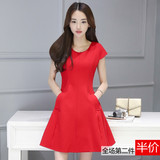 2016夏季韩国修身显瘦高腰短袖结婚礼服红色连衣裙中长款红裙子女