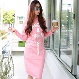 韩国代购甜美粉色加绒长袖连衣裙抽绳收腰显瘦包臀休闲中长裙卫衣