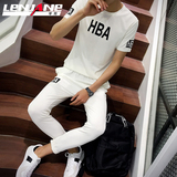 夏季男士休闲套装韩版青少年短袖T恤学生修身潮男运动服长裤衣服