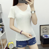 艾媛夏季韩版简约冰丝短袖t恤女白色弹力修身半袖体恤打底衫上衣
