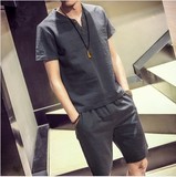 夏季新款2016亚麻短袖T恤男日系中国风t恤衫青年棉麻休闲两件套装