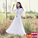 夏季新款女装白色波西米亚修身显瘦长袖雪纺长裙连衣裙海边度假裙