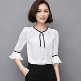 雪纺衫七分袖 2016夏季新款女装喇叭袖上衣短袖 韩版白色打底衫潮