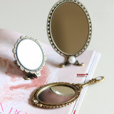 韩国代购金属复古花朵图案 随身便携可折叠镜手柄镜 小号化妆镜子
