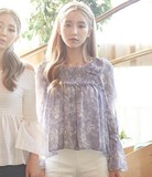 韩国代购Chuu正品韩版春夏女装甜美碎花短款方领长袖衬衣衬衫6080