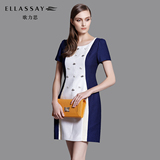 【新品】ELLASSAY歌力思2016夏季女装钉珠镶钻拼接蕾丝短袖连衣裙