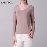 ladybox莫代尔棉V领打底衫女欧洲站长袖大码修身针织长款T恤