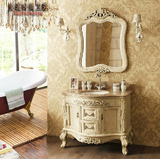 现货欧式浴室柜 弧形仿古落地式 红橡木洗漱盆整体实木组合卫浴柜