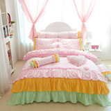 糖果色纯棉床品四件套双人被套床单三件套床上用品床裙花边韩式