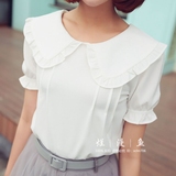 韩国女装夏季新款韩版淑女甜美荷叶边娃娃领白色衬衫短袖雪纺衫女