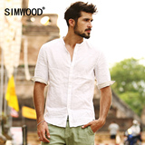 Simwood2016夏季男士休闲五分袖衬衫潮男修身纯色亚麻半袖衬衫男