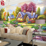 电视背景墙壁纸欧式大型壁画田园风景油画3d立体客厅无缝无纺墙布