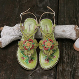 脱毒罂粟 盛夏的花朵。编织花朵牛皮女凉鞋真皮坡跟女鞋低跟凉鞋