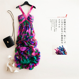 新款高贵优雅紫色印花海边度假裙沙滩裙夏吊带性感真丝长裙连衣裙