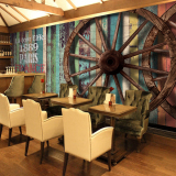 客厅卧室壁纸3d复古怀旧木纹车轮大型壁画咖啡馆餐厅酒吧KTV墙纸
