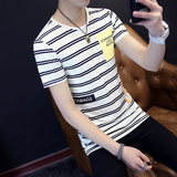 16夏季新款流行条纹男士短袖T恤青年韩版纯棉半袖打底衫男装衣服