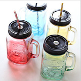 zakka杂货创意彩色梅森瓶透明玻璃杯果汁饮料杯子吸管带盖喝水杯