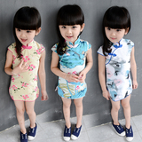 2016新款夏季女童中国风棉麻花朵立领旗袍儿童宝宝短袖复古连衣裙