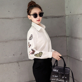 CCDD2016春装新款韩版POLO领中长款衬衫直筒蝴蝶刺绣衬衣白色上衣