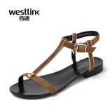 Westlink西遇女鞋2016夏季新款罗马风真皮露趾T型平底凉鞋女夏