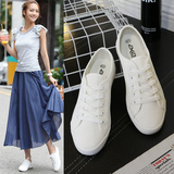 夏季小白鞋系带韩版女鞋透气平底平跟白色休闲帆布鞋布鞋尖头板鞋